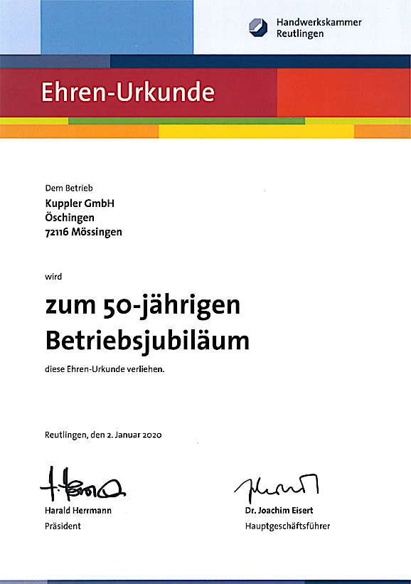 Ehren-Urkunde - 50 Jahre Kuppler GmbH